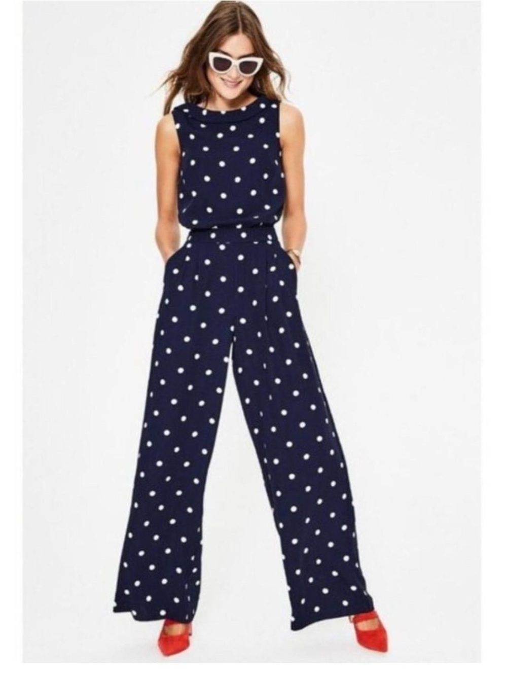Boden Navy & White Polka Dot Sleeveless Wide-Leg Jumpsuit